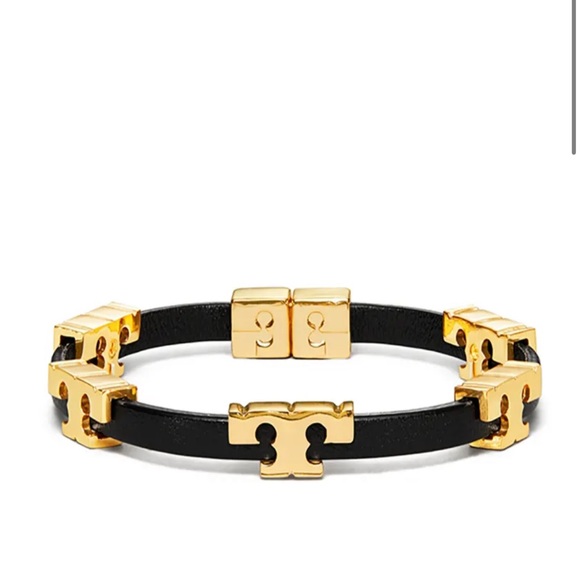 Tory Burch Jewelry - Tory Burch Serif T Strap Black Leather Bracelet